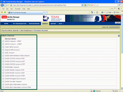 Screenshot of the Select Service page